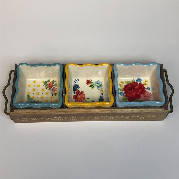 Pioneer Woman Floral Condiment Dish Set Mini Dip Square Bowls Acacia Wood Tray - Picture 1 of 16